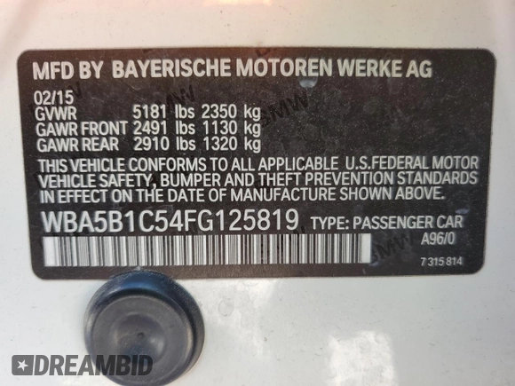 2015 BMW 5 Series 535i with VIN WBA5B1C54FG125819, listed as a Copart auction lot 48557755 with 85,106 mi miles and Clean Title. Bid and sale history available at carsss.com. Image 12.