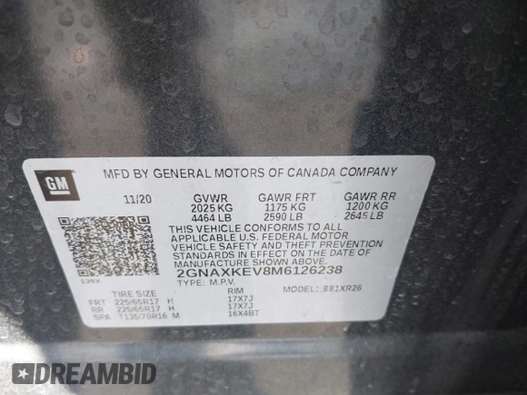 2021 Chevrolet Equinox LT with VIN 2GNAXKEV8M6126238, listed as a IAAI auction lot 42008365 with 89,576 mi miles and . Bid and sale history available at DreamBid. Image 9.