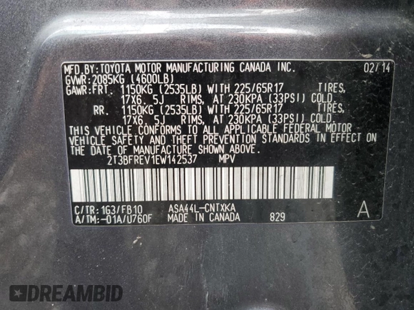 2014 Toyota RAV4 LE with VIN 2T3BFREV1EW142537, listed as a Copart auction lot 55390935 with 173,586 mi miles and Clean Title. Bid and sale history available at DreamBid. Image 13.