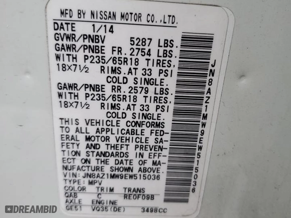 2014 Nissan Murano SV with VIN JN8AZ1MW9EW515036, listed as a Copart auction lot 50730195 with 136,455 mi miles and Salvage Title. Bid and sale history available at carsss.com. Image 12.