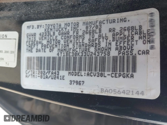 2003 Toyota Camry LE with VIN 4T1BE30K33U243758, listed as a IAAI auction lot 42169032 with 260,336 mi miles and . Bid and sale history available at DreamBid. Image 9.