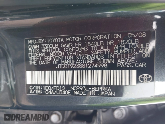2008 Toyota Yaris with VIN JTDBT923881274998, listed as a IAAI auction lot 41891341 with Not Provided miles and . Bid and sale history available at DreamBid. Image 9.
