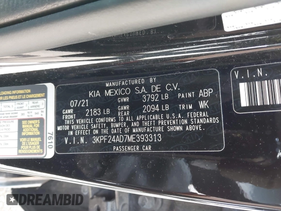 2021 Kia Forte LXS z VIN 3KPF24AD7ME393313, wystawiony jako IAAI lot #42127977 z przebiegiem 44 943 mil mil oraz . Historia ofert i sprzedaży dostępna na DreamBid. Obrazek 9.