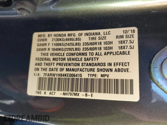 2019 Honda CR-V EX-L with VIN 7FARW1H84KE006415, listed as a IAAI auction lot 41135528 with 53,160 mi miles. Bid and sale history available at carsss.com. Image 9.