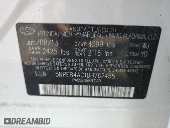 2013 Hyundai Sonata GLS z VIN 5NPEB4AC1DH762455, wystawiony jako Copart lot #56023415 z przebiegiem 176 308 mil mil oraz Czysty tytuł • Clean title. Historia ofert i sprzedaży dostępna na DreamBid. Obrazek 12.