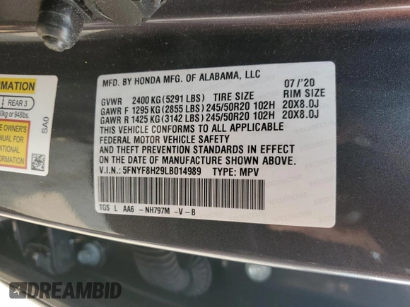2020 Honda Passport Sport with VIN 5FNYF8H29LB014989, listed as a Copart auction lot 58709715 with 55,230 mi miles and Salvage title. Bid and sale history available at DreamBid. Image 13.