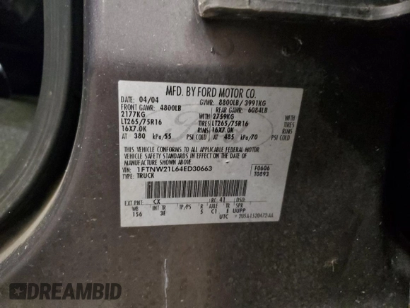 2004 Ford F-250 XL with VIN 1FTNW21L64ED30663, listed as a Copart auction lot 44795915 with Not provided miles and Salvage title. Bid and sale history available at DreamBid. Image 14.