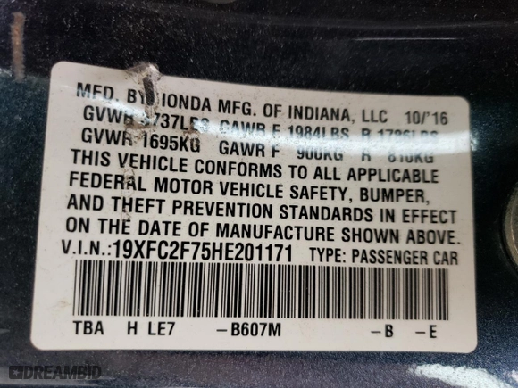 2017 Honda Civic Sedan EX with VIN 19XFC2F75HE201171, listed as a Copart auction lot 51322215 with 170,557 mi miles and Salvage Title. Bid and sale history available at carsss.com. Image 12.