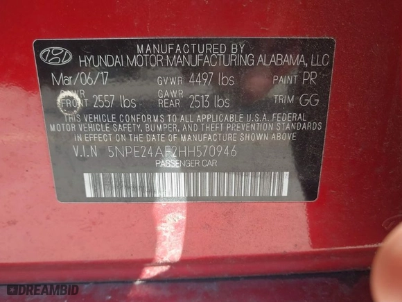 2017 Hyundai Sonata SE with VIN 5NPE24AF2HH570946, listed as a IAAI auction lot 41676560 with 180,465 mi miles. Bid and sale history available at carsss.com. Image 9.