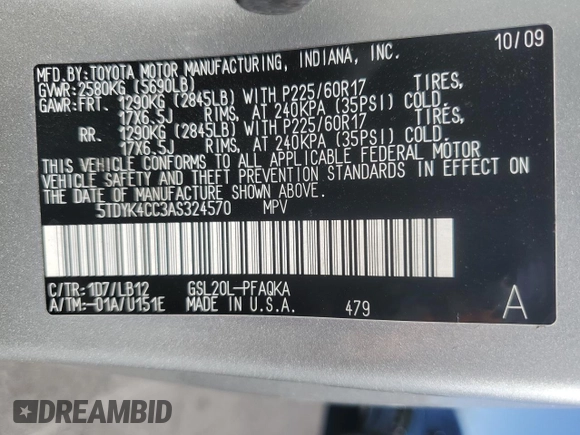 2010 Toyota Sienna XLE with VIN 5TDYK4CC3AS324570, listed as a Copart auction lot 60474005 with 259,128 mi miles and Salvage title. Bid and sale history available at DreamBid. Image 13.