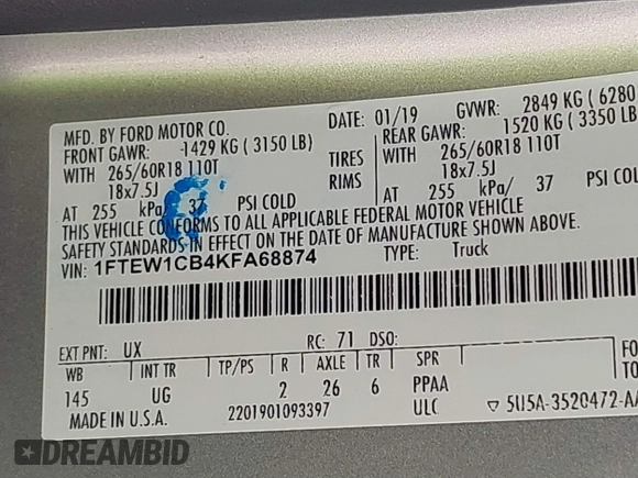 2019 Ford F-150 XL with VIN 1FTEW1CB4KFA68874, listed as a IAAI auction lot 41528169 with 85,795 mi miles and . Bid and sale history available at carsss.com. Image 9.