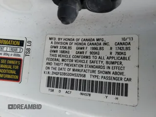 2013 Honda Civic Cpe LX with VIN 2HGFG3B53DH532958, listed as a Copart auction lot 73807914 with 111,216 mi miles and Salvage Title. Bid and sale history available at carsss.com. Image 12.