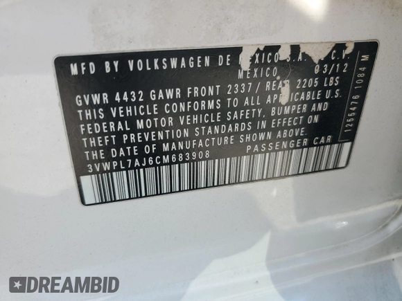 2012 Volkswagen Jetta TDI w/Sunroof & Nav with VIN 3VWPL7AJ6CM683908, listed as a Copart auction lot 62817665 with 213,516 mi miles and Clean title. Bid and sale history available at DreamBid. Image 12.