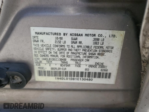 2001 Nissan Altima GXE z VIN 1N4DL01D81C130480, wystawiony jako Copart lot #53912885 z przebiegiem 155 140 mil mil oraz Szkoda całkowita • Salvage title. Historia ofert i sprzedaży dostępna na DreamBid. Obrazek 13.