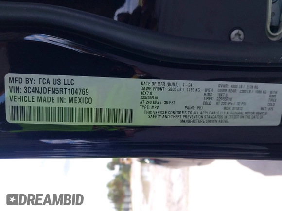 2024 Jeep Compass Latitude Lux с VIN 3C4NJDFN5RT104769, выставлен на аукционе IAAI как лот 42585680 с пробегом 7 162 миль миль и . История ставок и продаж доступна на DreamBid. Изображение 9.