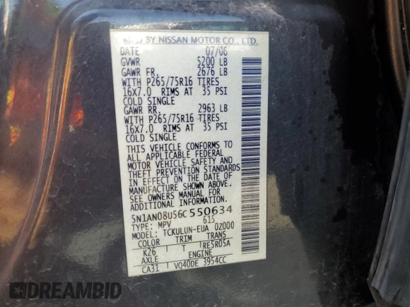 2006 Nissan Xterra SE with VIN 5N1AN08U56C550634, listed as a Copart auction lot 53160535 with 207,936 mi miles and Salvage title. Bid and sale history available at DreamBid. Image 12.