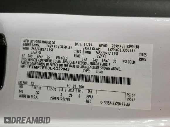 2020 Ford F-150 XL z VIN 1FTMF1EB3LKD22043, wystawiony jako Copart lot #85072684 z przebiegiem Nie podano mil oraz Szkoda całkowita • Salvage title. Historia ofert i sprzedaży dostępna na DreamBid. Obrazek 12.