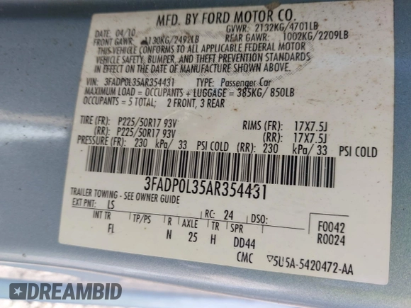 2010 Ford Fusion Hybrid with VIN 3FADP0L35AR354431, listed as a IAAI auction lot 42107722 with 142,250 mi miles. Bid and sale history available at carsss.com. Image 9.