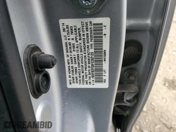 2015 Honda Civic Sedan LX with VIN 19XFB2F55FE202125, listed as a Copart auction lot 82158514 with 0 mi miles and Salvage Title. Bid and sale history available at carsss.com. Image 15.