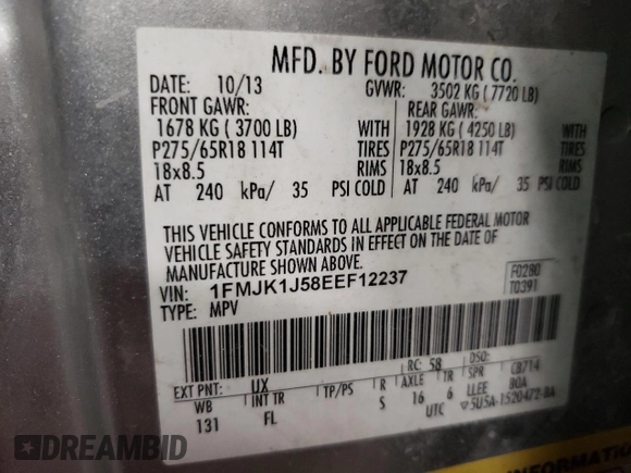 2014 Ford Expedition EL XLT with VIN 1FMJK1J58EEF12237, listed as a Copart auction lot 69090594 with 237,344 mi miles and Clean Title. Bid and sale history available at carsss.com. Image 13.