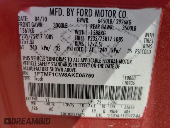 2010 Ford F-150 XL z VIN 1FTMF1CW8AKE05759, wystawiony jako Copart lot #61659635 z przebiegiem 303 424 mil mil oraz Szkoda całkowita • Salvage title. Historia ofert i sprzedaży dostępna na DreamBid. Obrazek 12.