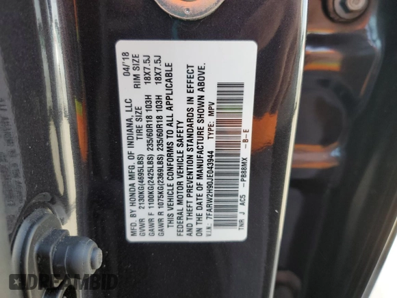 2018 Honda CR-V Touring with VIN 7FARW2H90JE043944, listed as a Copart auction lot 49346705 with 56,259 mi miles and Salvage Title. Bid and sale history available at carsss.com. Image 12.