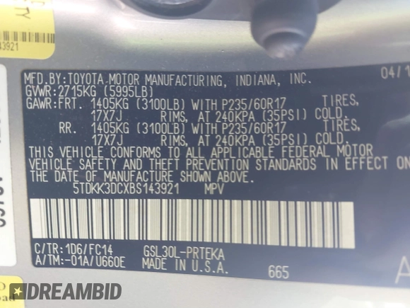 2011 Toyota Sienna LE AAS with VIN 5TDKK3DCXBS143921, listed as a IAAI auction lot 41689053 with 199,854 mi miles. Bid and sale history available at carsss.com. Image 9.