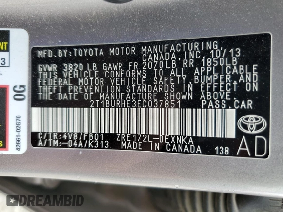 2014 Toyota Corolla L с VIN 2T1BURHE3EC037851, выставлен на аукционе Copart как лот 57168185 с пробегом 110 719 миль миль и Списание • Salvage title. История ставок и продаж доступна на DreamBid. Изображение 12.