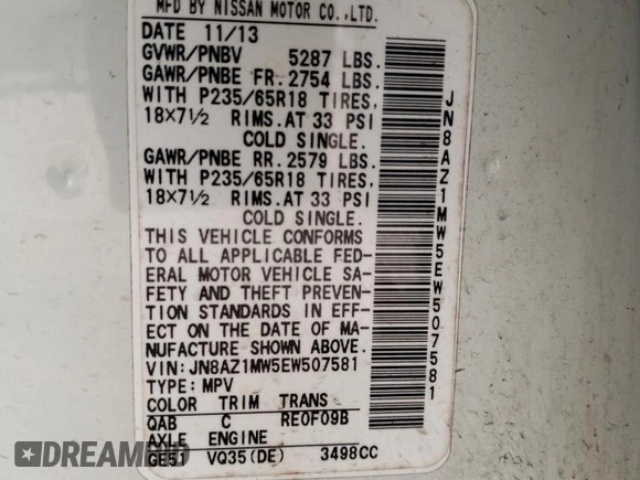 2014 Nissan Murano LE z VIN JN8AZ1MW5EW507581, wystawiony jako Copart lot #51518295 z przebiegiem 134 714 mil mil oraz Szkoda całkowita • Salvage title. Historia ofert i sprzedaży dostępna na DreamBid. Obrazek 14.