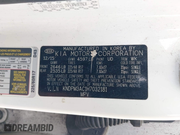 2017 Kia Sportage LX with VIN KNDPM3AC1H7032181, listed as a IAAI auction lot 42225575 with 145,952 mi miles and . Bid and sale history available at DreamBid. Image 9.