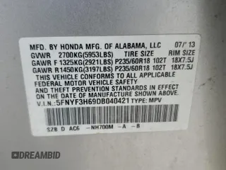 2013 Honda Pilot EX-L с VIN 5FNYF3H69DB040421, выставлен на аукционе Copart как лот 57648585 с пробегом 177 447 миль миль и Списание • Salvage title. История ставок и продаж доступна на DreamBid. Изображение 13.