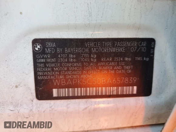 2011 BMW 3 Series 328i xDrive with VIN WBAPK5C50BA657839, listed as a Copart auction lot 56002195 with 109,883 mi miles and Clean title. Bid and sale history available at DreamBid. Image 12.
