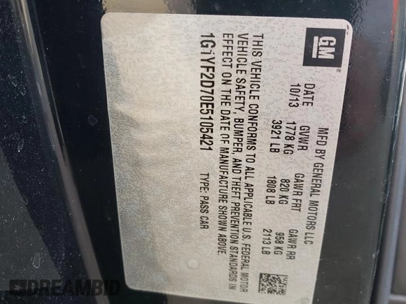 2014 Chevrolet Corvette 3LT with VIN 1G1YF2D70E5105421, listed as a Copart auction lot 45917005 with 94,130 mi miles and Salvage title. Bid and sale history available at DreamBid. Image 14.