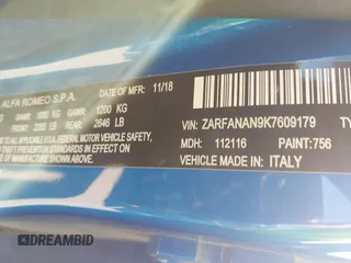 2019 Alfa Romeo Giulia with VIN ZARFANAN9K7609179, listed as a IAAI auction lot 41155716 with 21,149 mi miles. Bid and sale history available at carsss.com. Image 9.