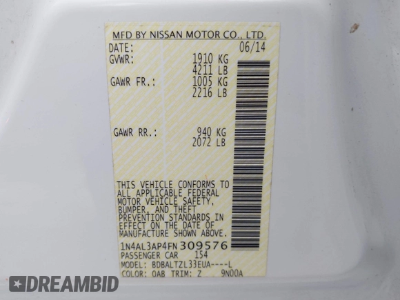 2015 Nissan Altima S with VIN 1N4AL3AP4FN309576, listed as a IAAI auction lot 41924345 with 163,124 mi miles and . Bid and sale history available at DreamBid. Image 9.