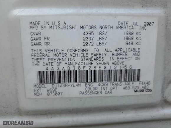 2008 Mitsubishi Galant ES with VIN 4A3AB36F28E012156, listed as a Copart auction lot 75007024 with 151,624 mi miles and Salvage Title. Bid and sale history available at carsss.com. Image 12.