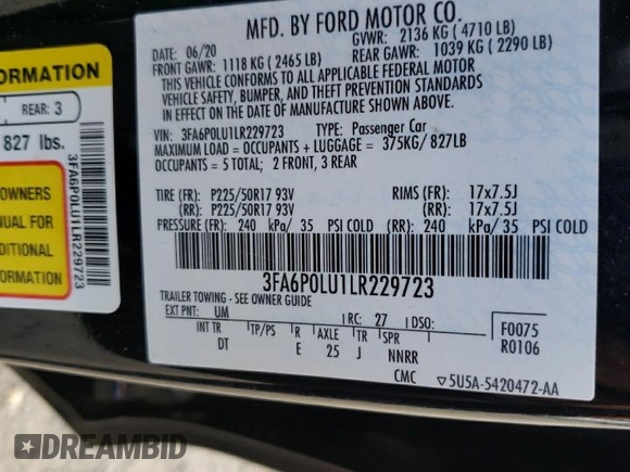 2020 Ford Fusion Hybrid SE with VIN 3FA6P0LU1LR229723, listed as a Copart auction lot 66063492 with 40,516 mi miles. Bid and sale history available at carsss.com. Image 10.
