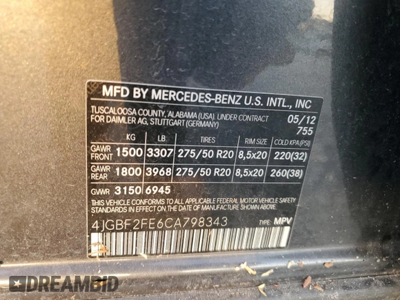 2012 Mercedes-Benz GL 350 with VIN 4JGBF2FE6CA798343, listed as a Copart auction lot 76496274 with 147,661 mi miles and Salvage Title. Bid and sale history available at DreamBid. Image 13.
