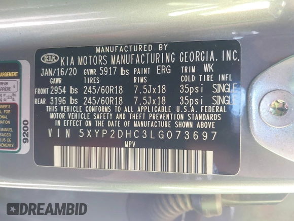 2020 Kia Telluride LX z VIN 5XYP2DHC3LG073697, wystawiony jako IAAI lot #42080775 z przebiegiem 78 069 mil mil oraz . Historia ofert i sprzedaży dostępna na DreamBid. Obrazek 9.