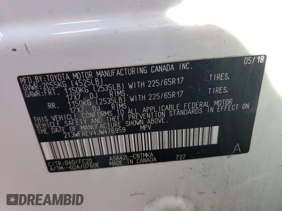 2018 Toyota RAV4 XLE with VIN 2T3WFREV4JW476959, listed as a Copart auction lot 51593265 with 198,596 mi miles and Salvage Title. Bid and sale history available at DreamBid. Image 13.
