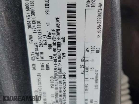 2019 Ford F-150 XL with VIN 1FTEW1C59KKC91946, listed as a Copart auction lot 49415025 with 129,027 mi miles and Clean Title. Bid and sale history available at carsss.com. Image 12.