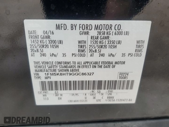 2016 Ford Explorer Platinum with VIN 1FM5K8HT9GGC86327, listed as a Copart auction lot 49594305 with 285,992 mi miles and Salvage Title. Bid and sale history available at DreamBid. Image 15.