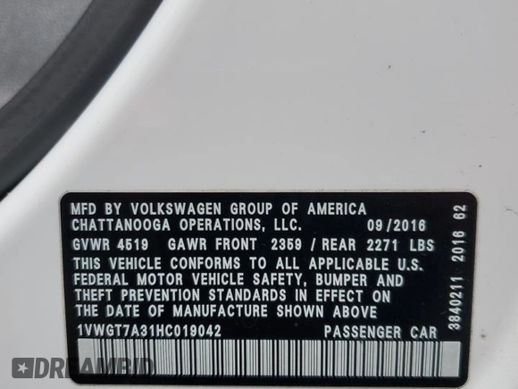 2017 Volkswagen Passat SE with VIN 1VWGT7A31HC019042, listed as a Copart auction lot 61078305 with 149,335 mi miles and Salvage title. Bid and sale history available at DreamBid. Image 12.