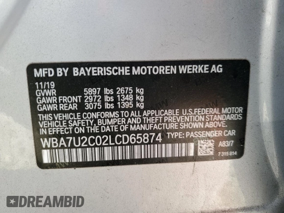2020 BMW 7 Series 750i xDrive with VIN WBA7U2C02LCD65874, listed as a Copart auction lot 75076944 with 64,439 mi miles and Salvage Title. Bid and sale history available at carsss.com. Image 14.