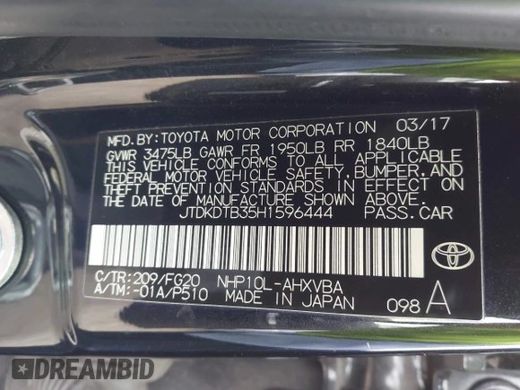 2017 Toyota Prius One with VIN JTDKDTB35H1596444, listed as a IAAI auction lot 42030188 with 47,009 mi miles. Bid and sale history available at carsss.com. Image 9.