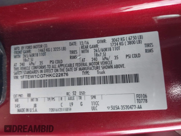 2017 Ford F-150 XL with VIN 1FTEW1CG7HKC22876, listed as a IAAI auction lot 41477067 with 128,045 mi miles and . Bid and sale history available at DreamBid. Image 9.