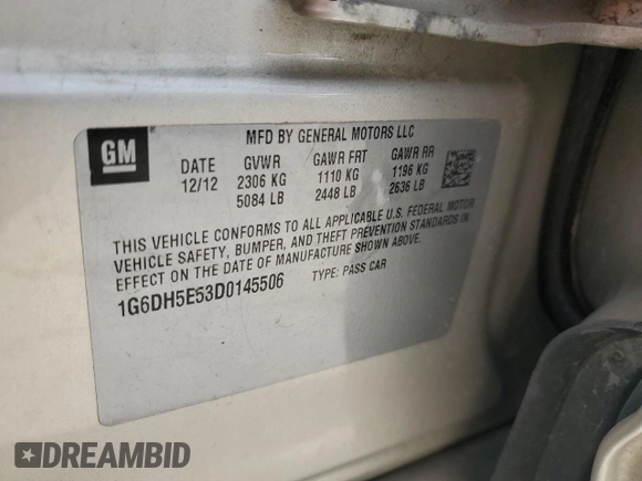 2013 Cadillac CTS Luxury with VIN 1G6DH5E53D0145506, listed as a Copart auction lot 61198255 with Not provided miles and Clean title. Bid and sale history available at DreamBid. Image 12.