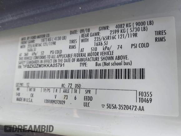 2019 Ford Transit Passenger XL with VIN 1FBZX2ZM3KKA05791, listed as a IAAI auction lot 41547130 with 237,065 mi miles and . Bid and sale history available at DreamBid. Image 9.