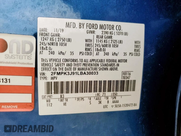2020 Ford Edge SEL z VIN 2FMPK3J91LBA30033, wystawiony jako Copart lot #60466635 z przebiegiem 68 956 mil mil oraz Szkoda całkowita • Salvage title. Historia ofert i sprzedaży dostępna na DreamBid. Obrazek 13.