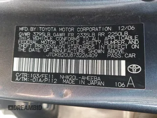 2007 Toyota Prius z VIN JTDKB20U873226409, wystawiony jako IAAI lot #42541909 z przebiegiem 128 374 mil mil oraz . Historia ofert i sprzedaży dostępna na DreamBid. Obrazek 9.